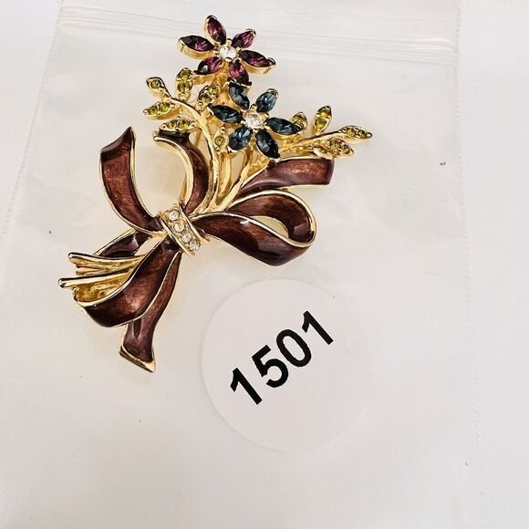 Vintage Enamel MONET Brooch Pink Blue Yellow Rhinestones Flower BOUQUET 1501 - Picture 7 of 7